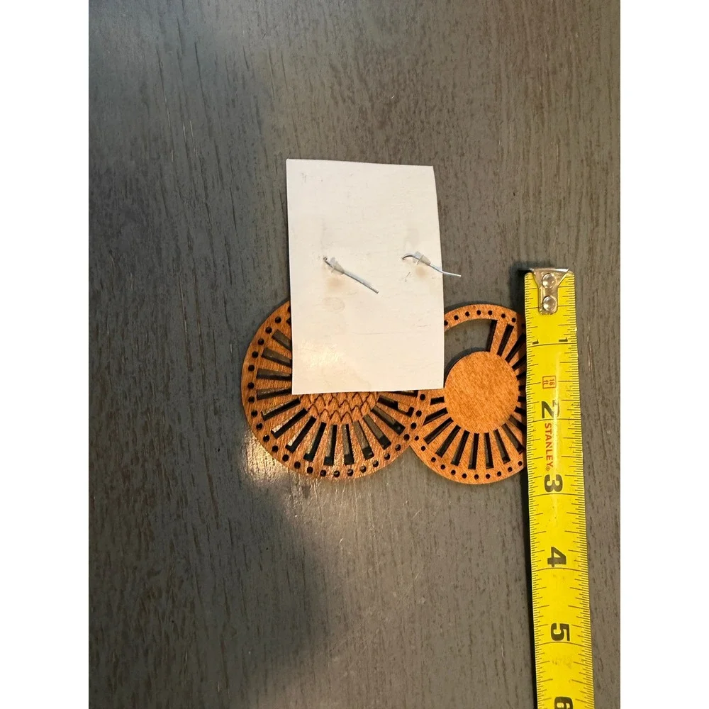 Diversity By Sophia Wood Drop Earrings Geometric Sunburst Wheel Brown Boho